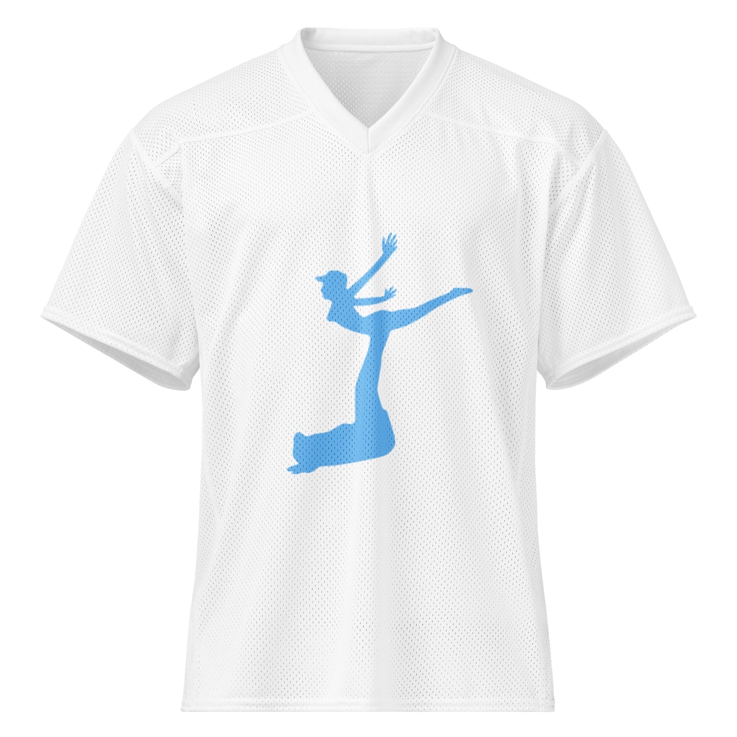 A white football jersey with the flying woman blue log on the front. Parody logo.