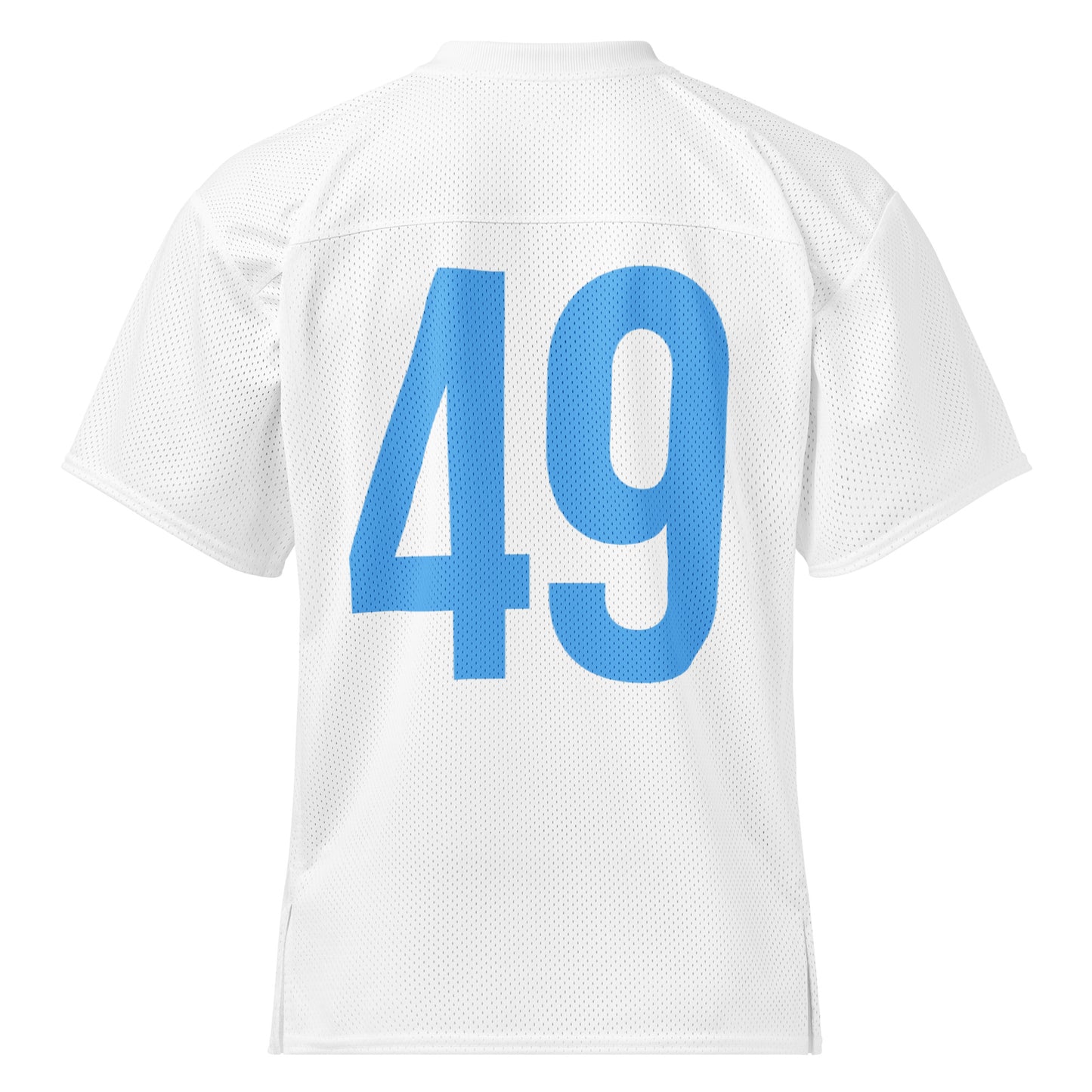 The number 49 in blue on the back of a white football jersey