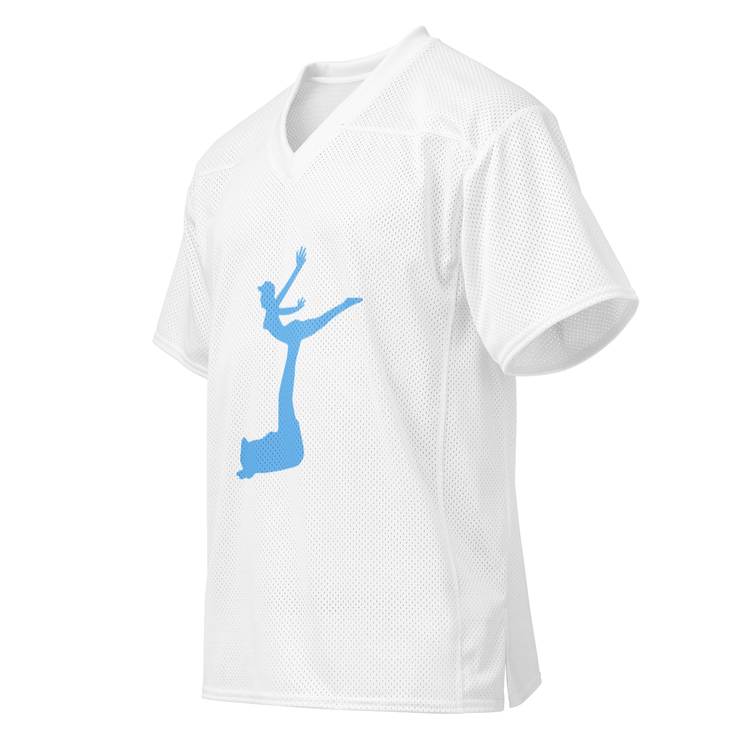 Air Jordon Logo of a man holding a woman in blue on a white background football jersey.