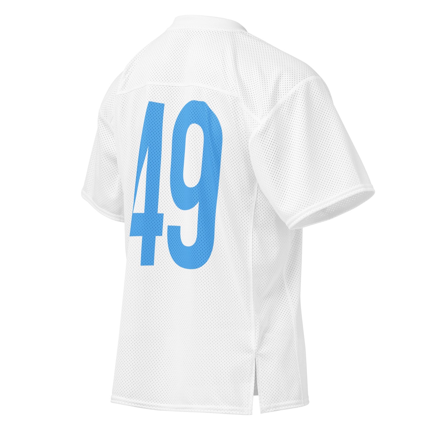 The number 49 in blue on the back of a white football jersey.
