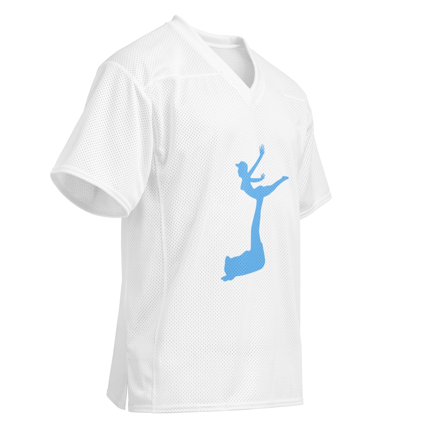 Air Jordon Logo of a man holding a woman in blue on a white background football jersey.