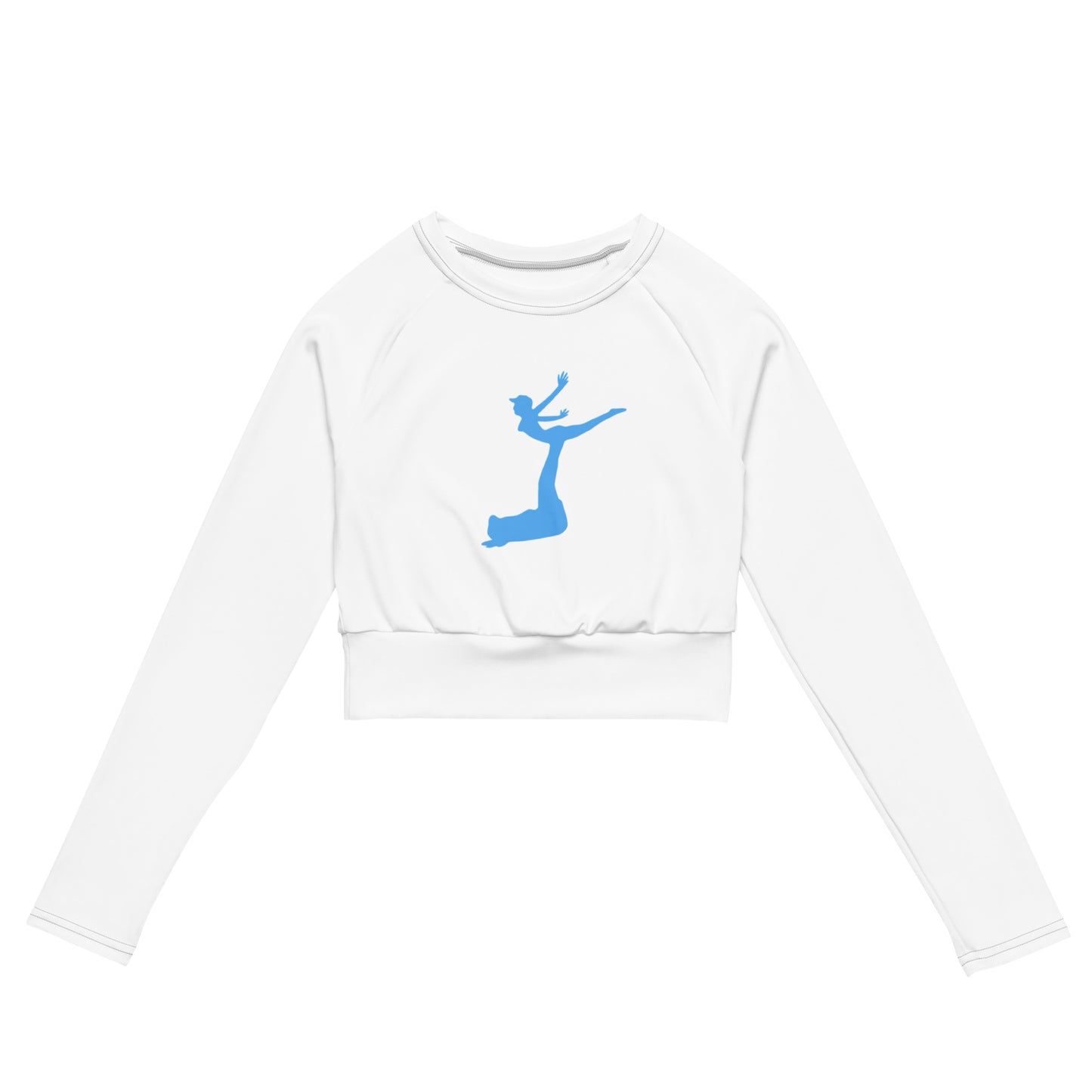 Air Jordon Logo of a man holding a woman in blue on a white crop top long sleeve t shirt.