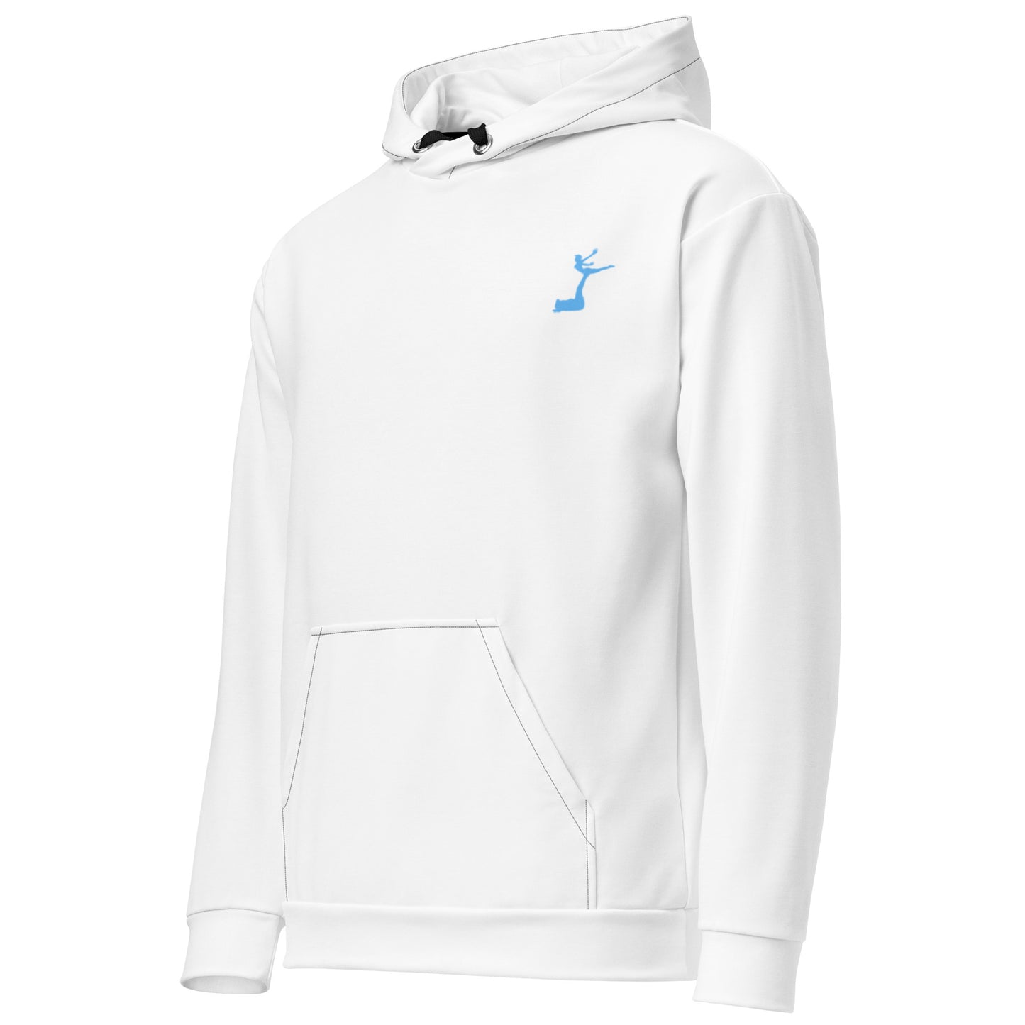 Air Jordon Logo of a man holding a woman in blue on the top left of a white long sleeve hoodie.