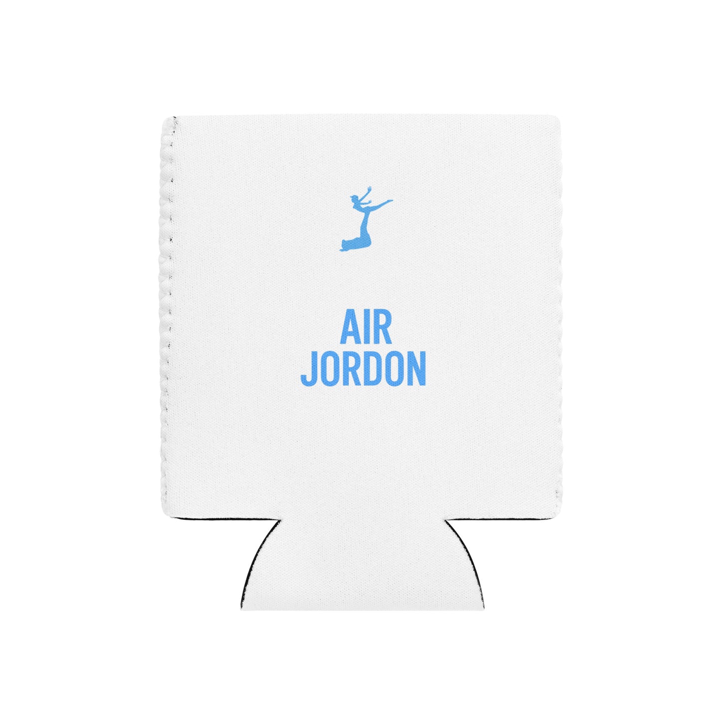 Air Jordon Logo of a man holding a woman in blue on a white coozie holder with Air Jordon printed on.