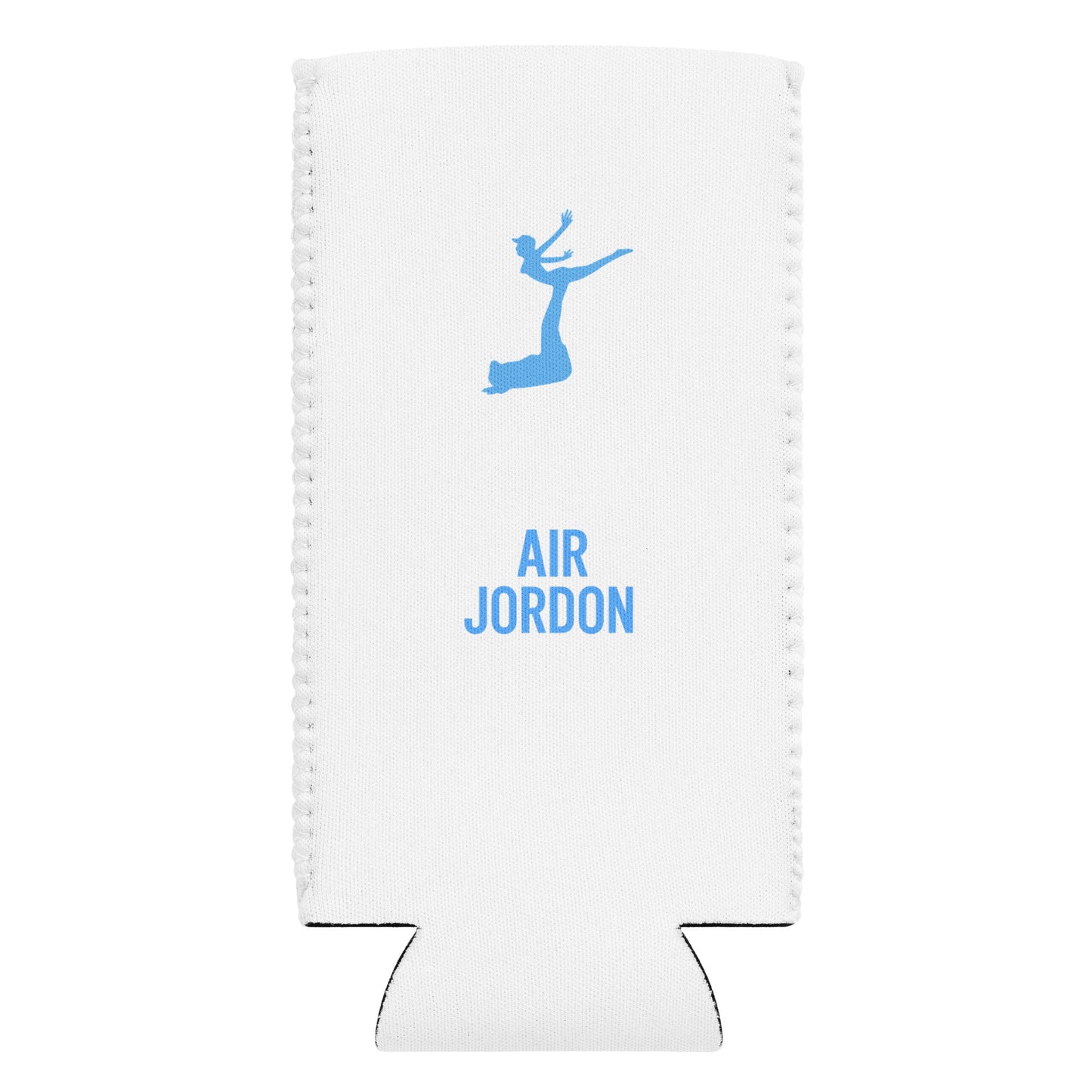Air Jordon Logo of a man holding a woman in blue on a white coozie holder with Air Jordon printed on.