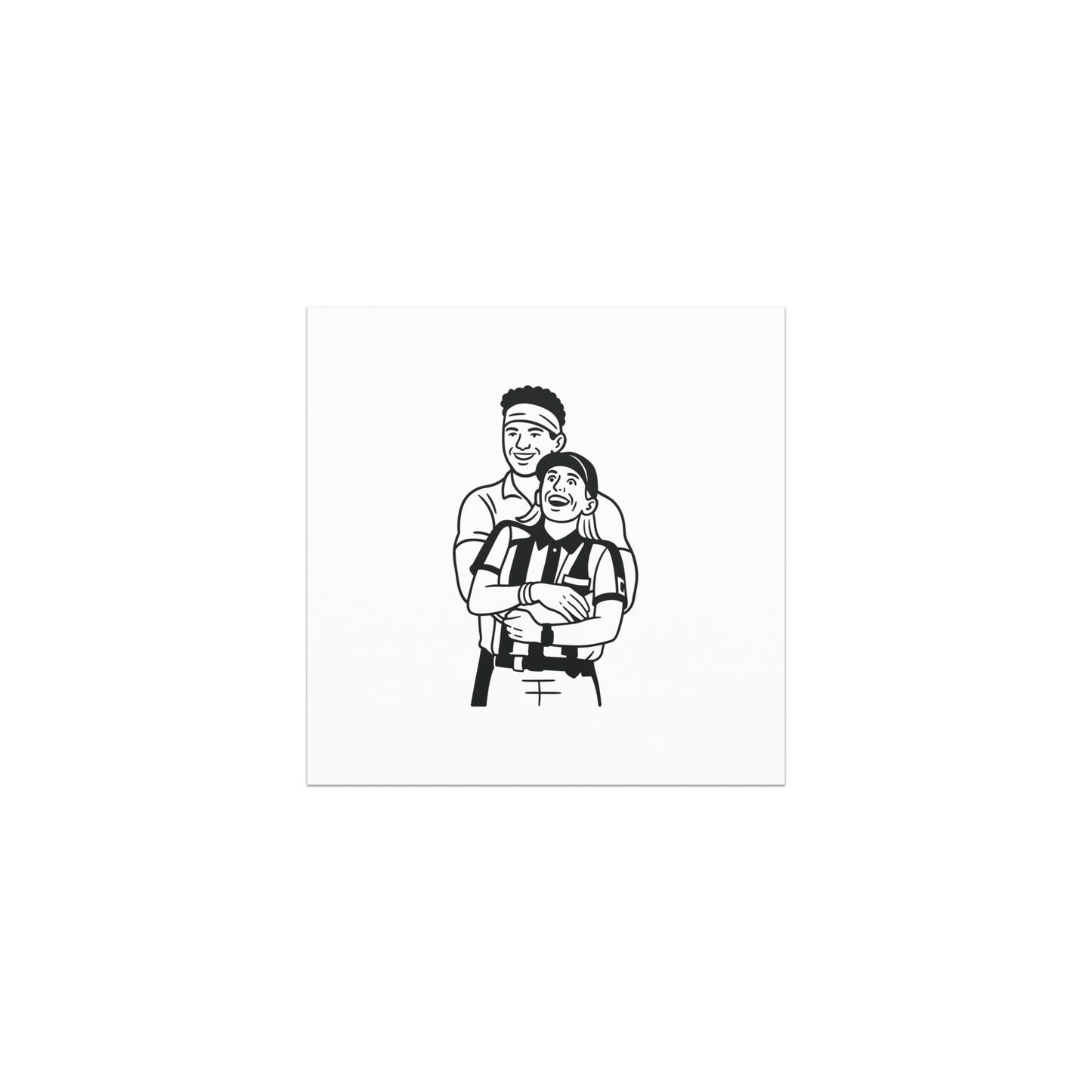 Black and white illustration of a referee and player on a white background