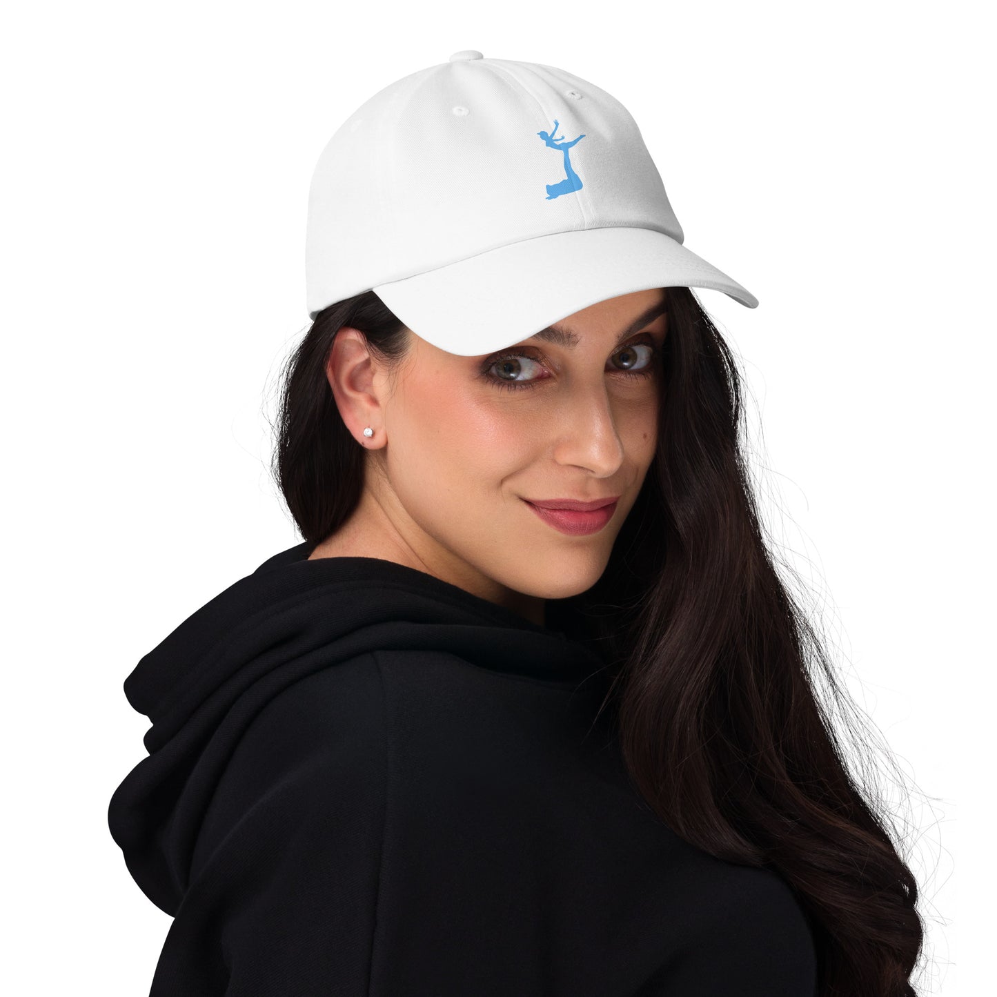 Woman wearing a white cap with a logo on a white background