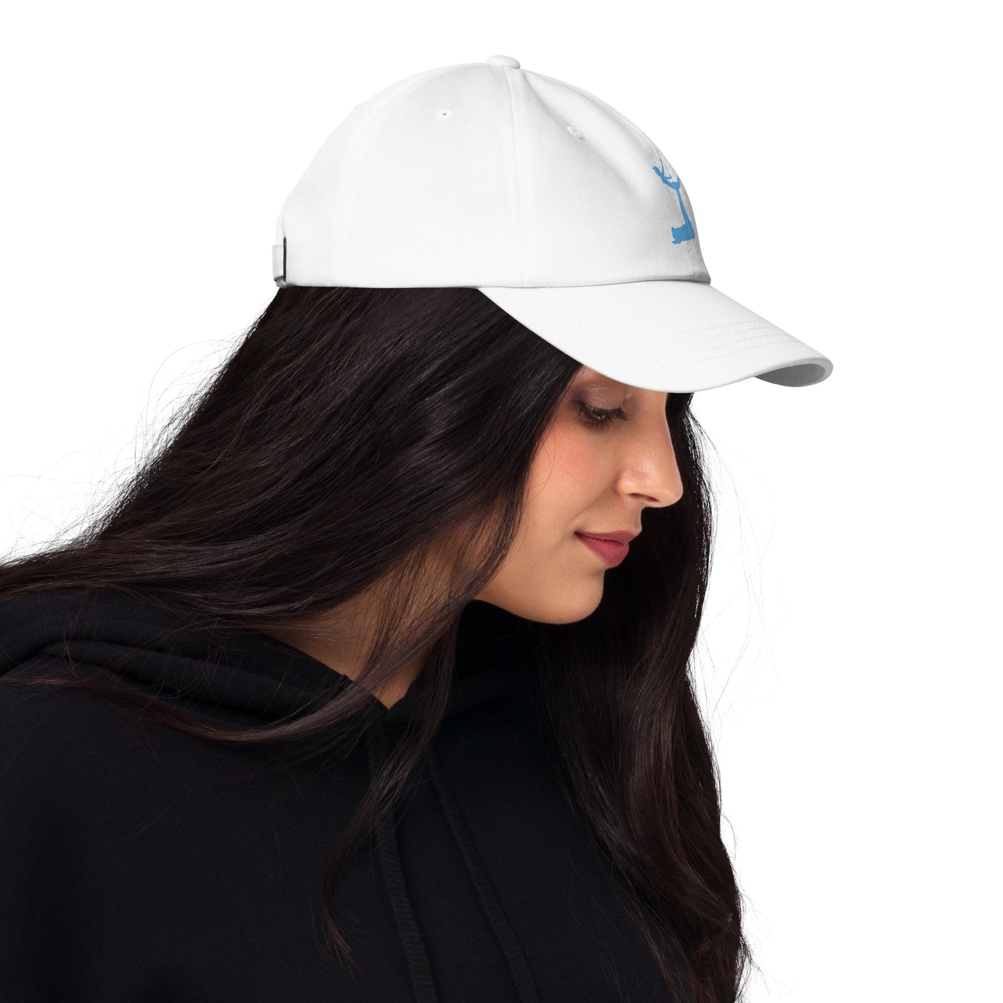 Woman wearing a white cap with a logo on a white background