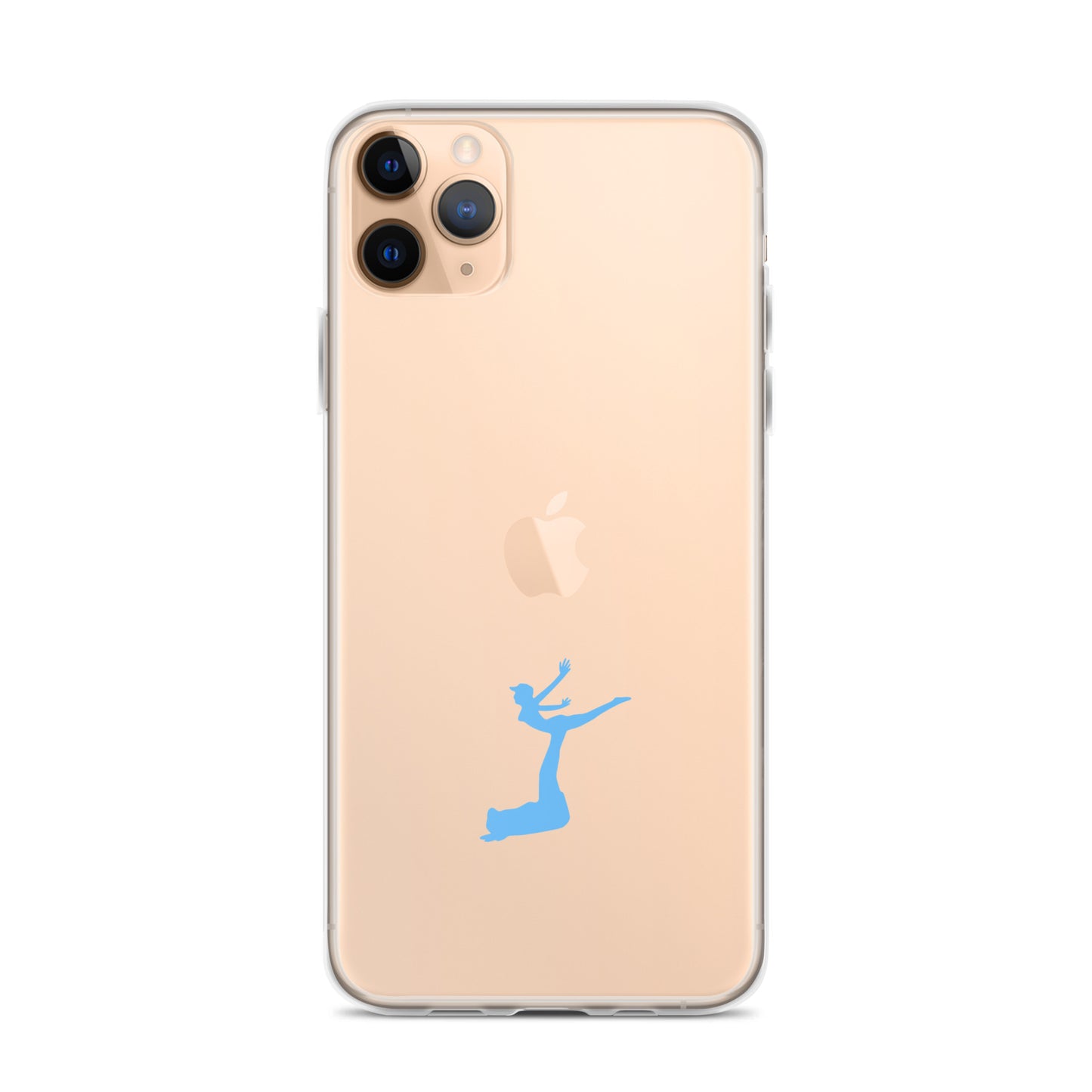 Gold phone case with a blue dancing figure design on a white background