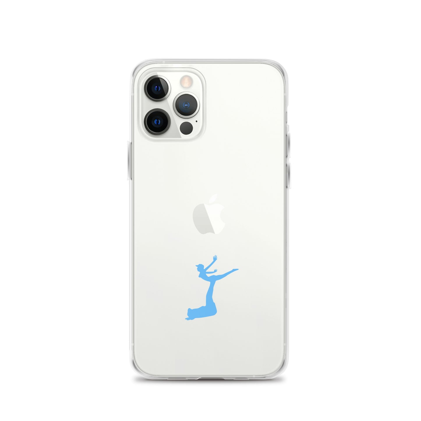 Clear phone case with a blue dancing figure on a white background