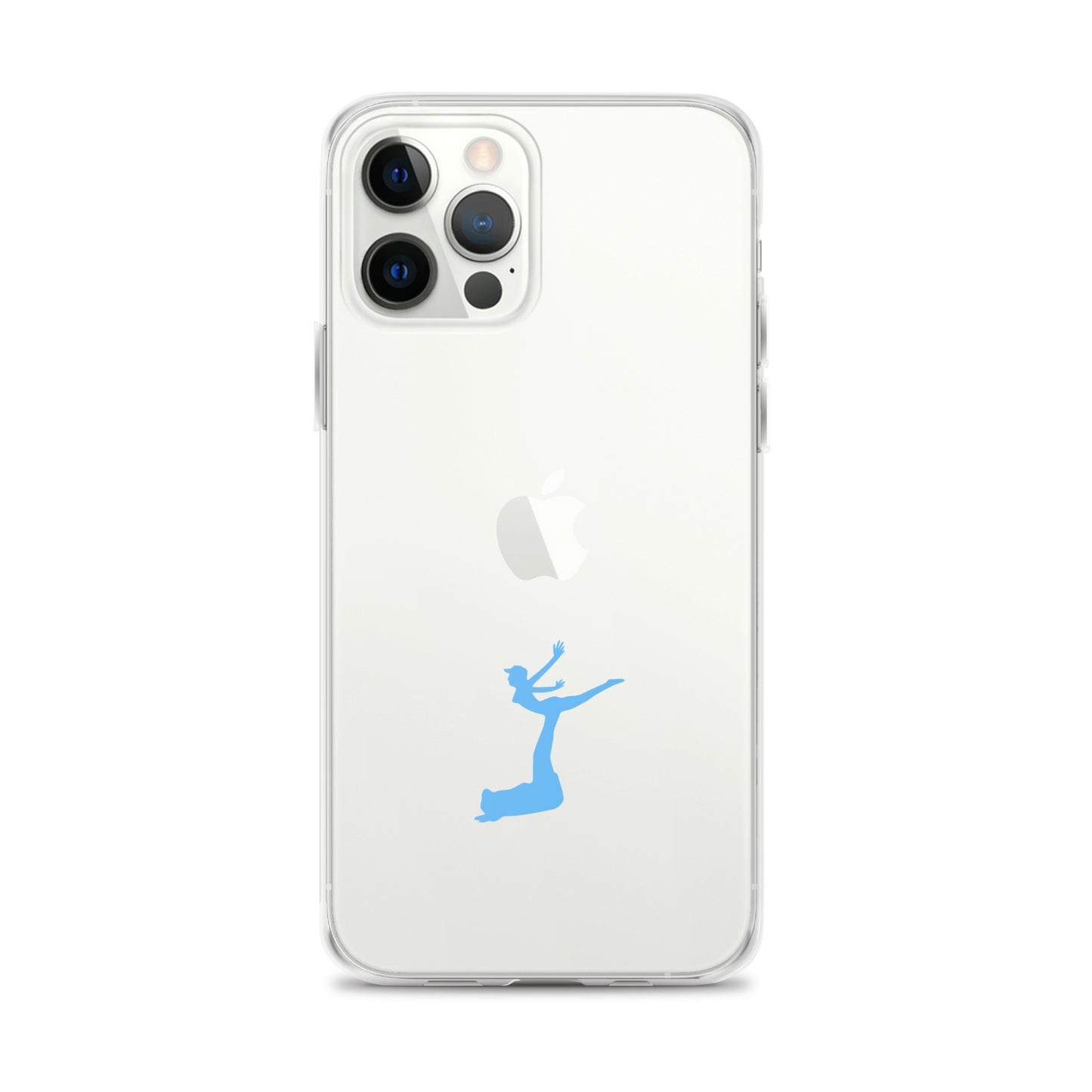 Clear phone case with a blue silhouette design on a white background
