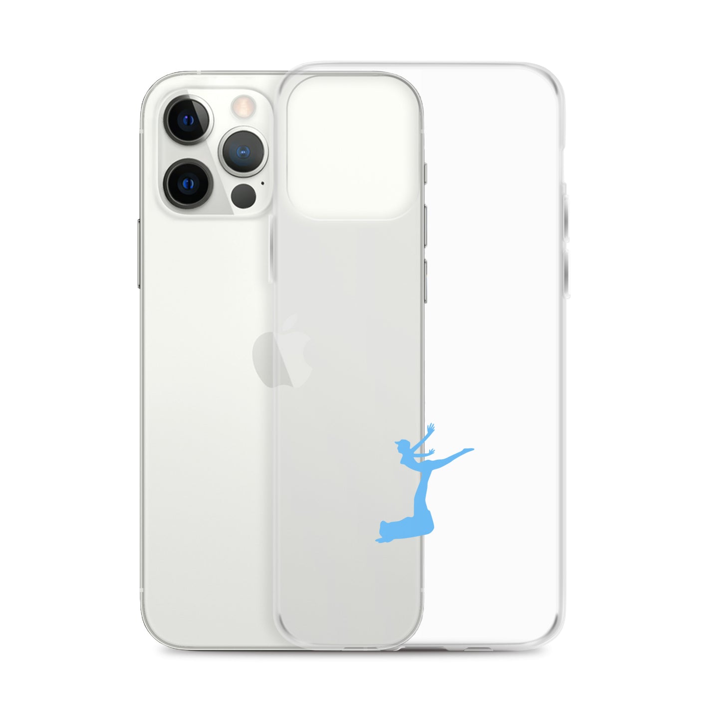 Clear phone case with a blue silhouette of a person on an iPhone