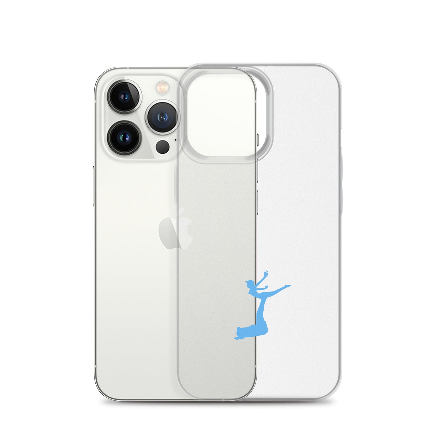 Clear phone case with a blue dancing figure on a white background