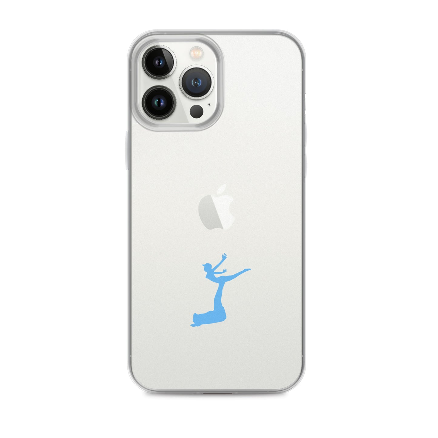 White phone case with a blue dancing figure design on a white background