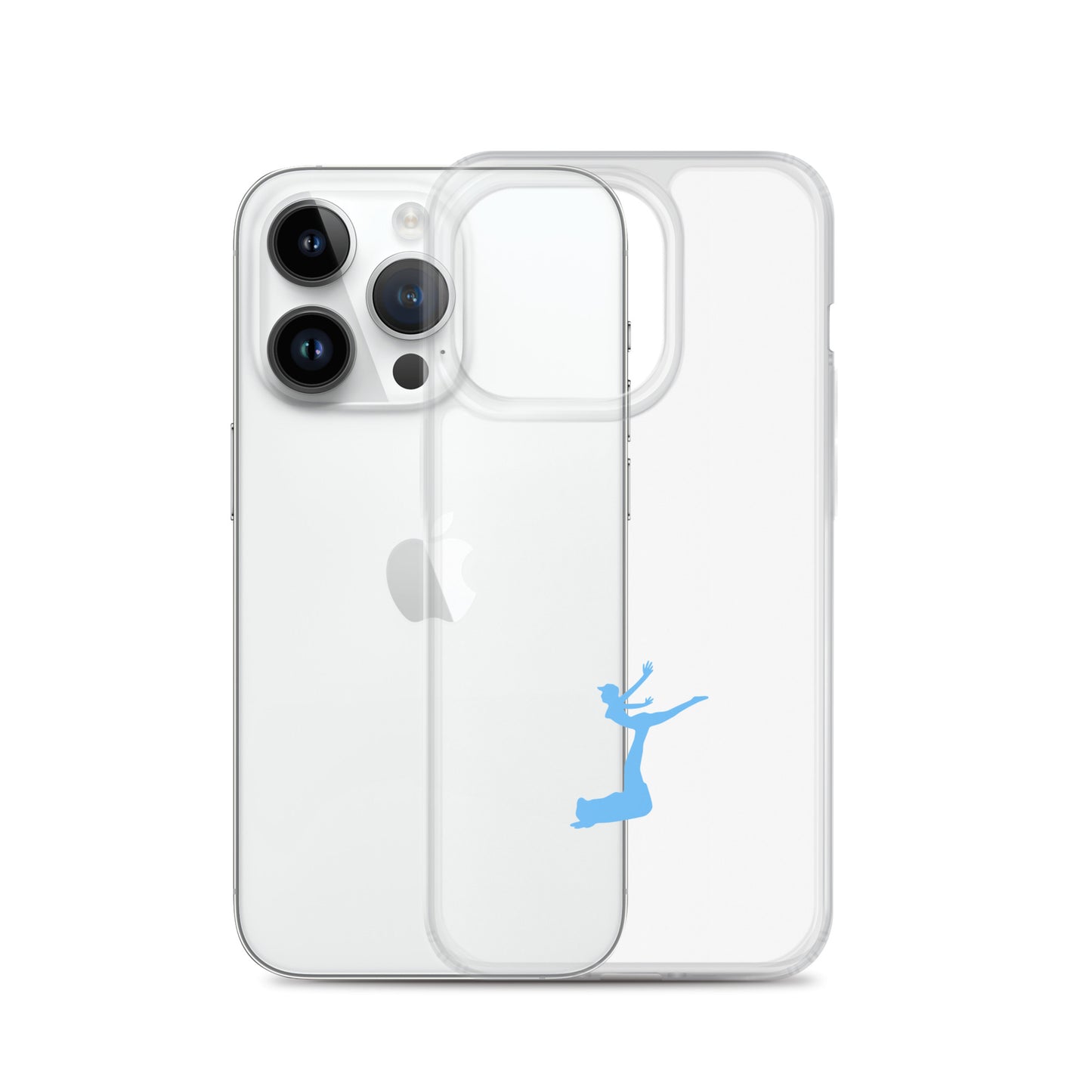 Clear phone case with a blue silhouette of a person on an iPhone