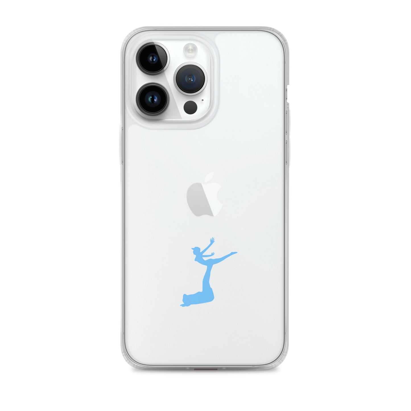 White phone case with a blue dancing figure design on a white background