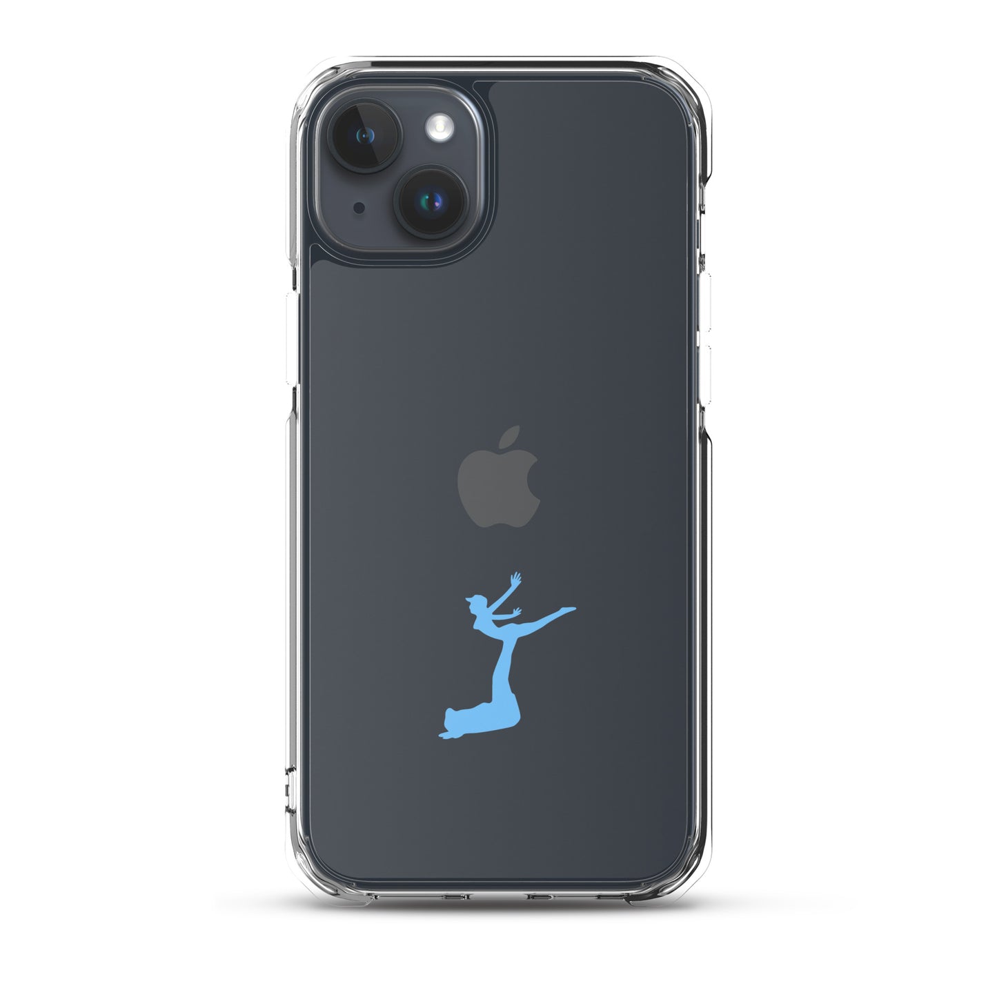 Phone case with a blue silhouette of a dancer on a clear background