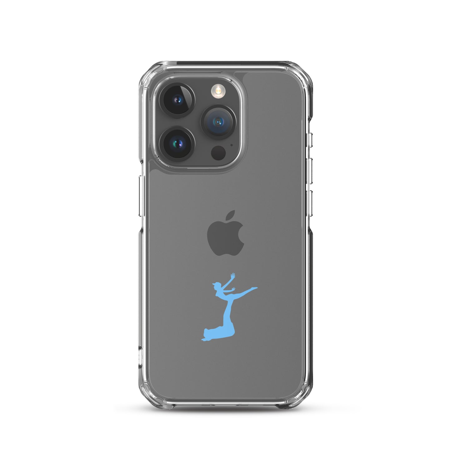Phone case with Apple logo and blue silhouette on gray background