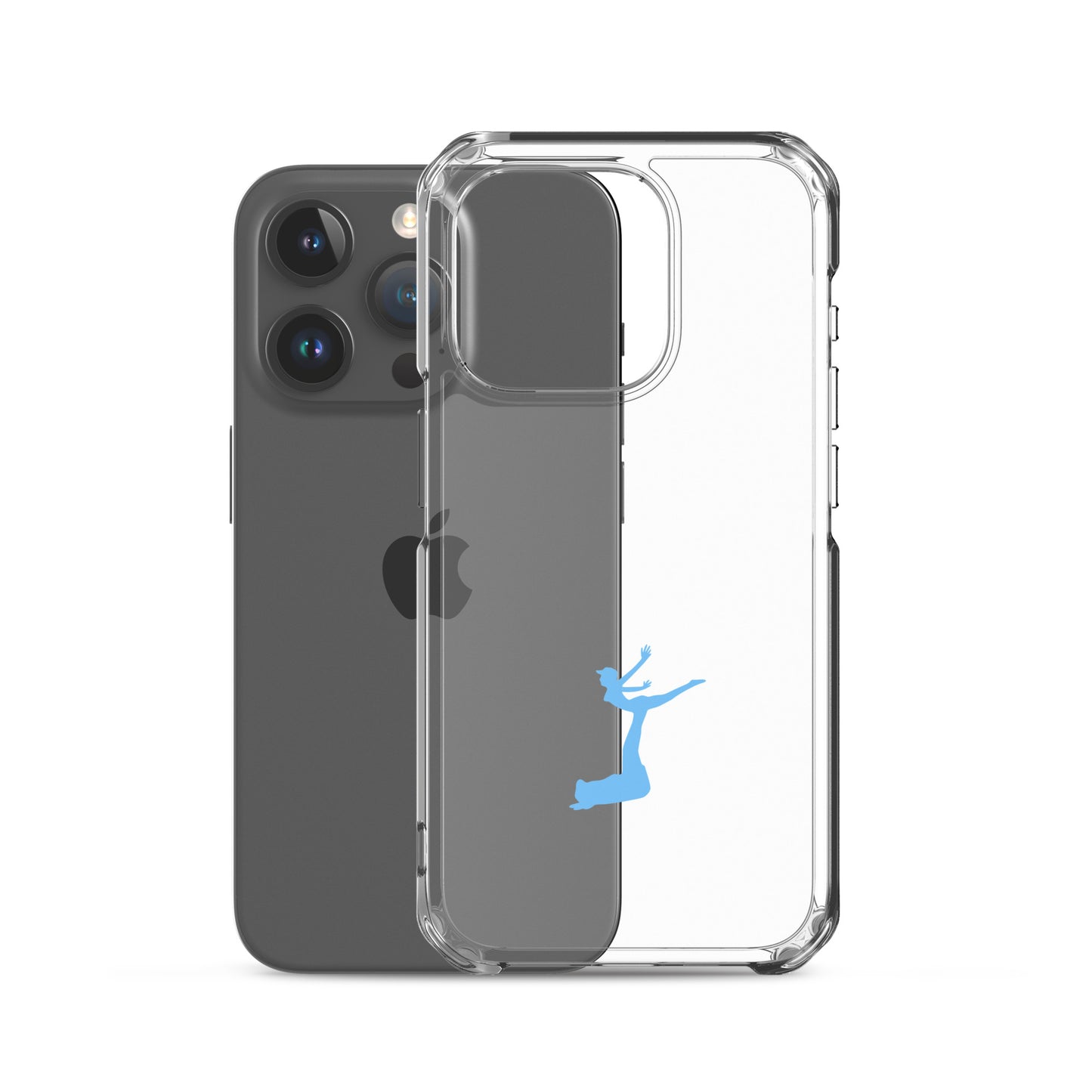 Clear phone case on a black smartphone with a white background