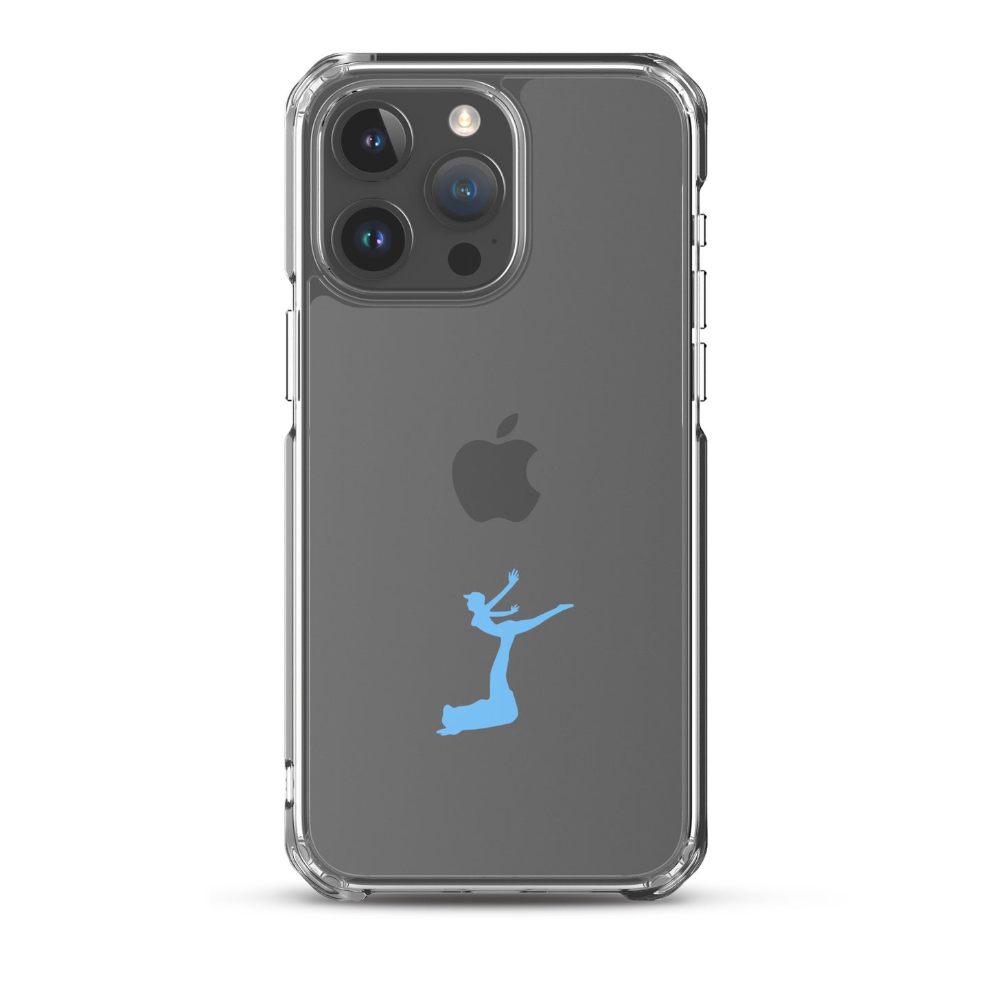 Clear phone case with Apple logo and blue silhouette on a white background