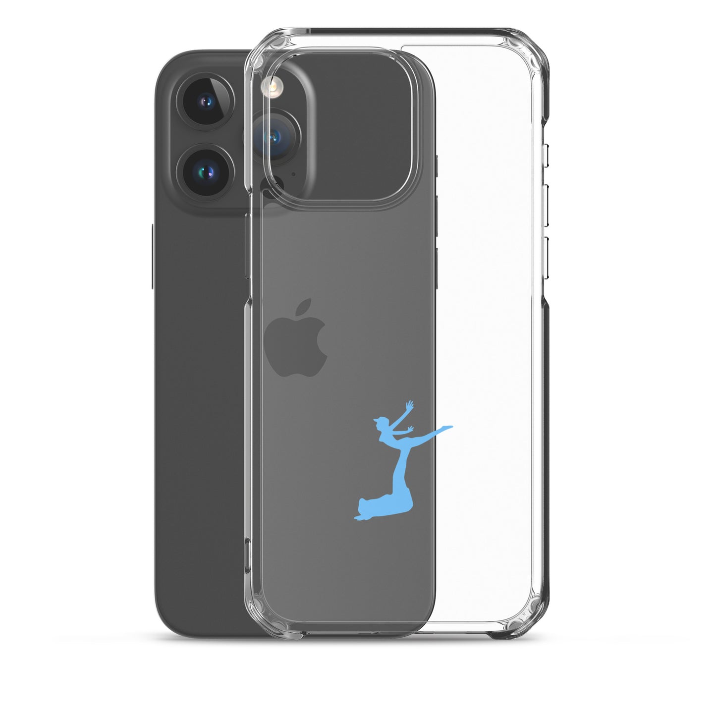 Phone case with Apple logo and blue silhouette on a white background