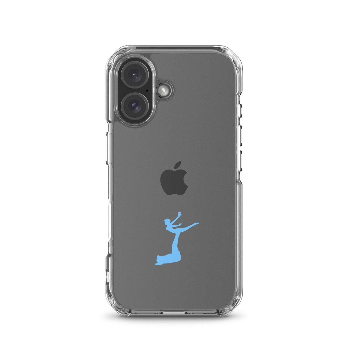 Phone case with Apple logo and blue dancer silhouette on a white background