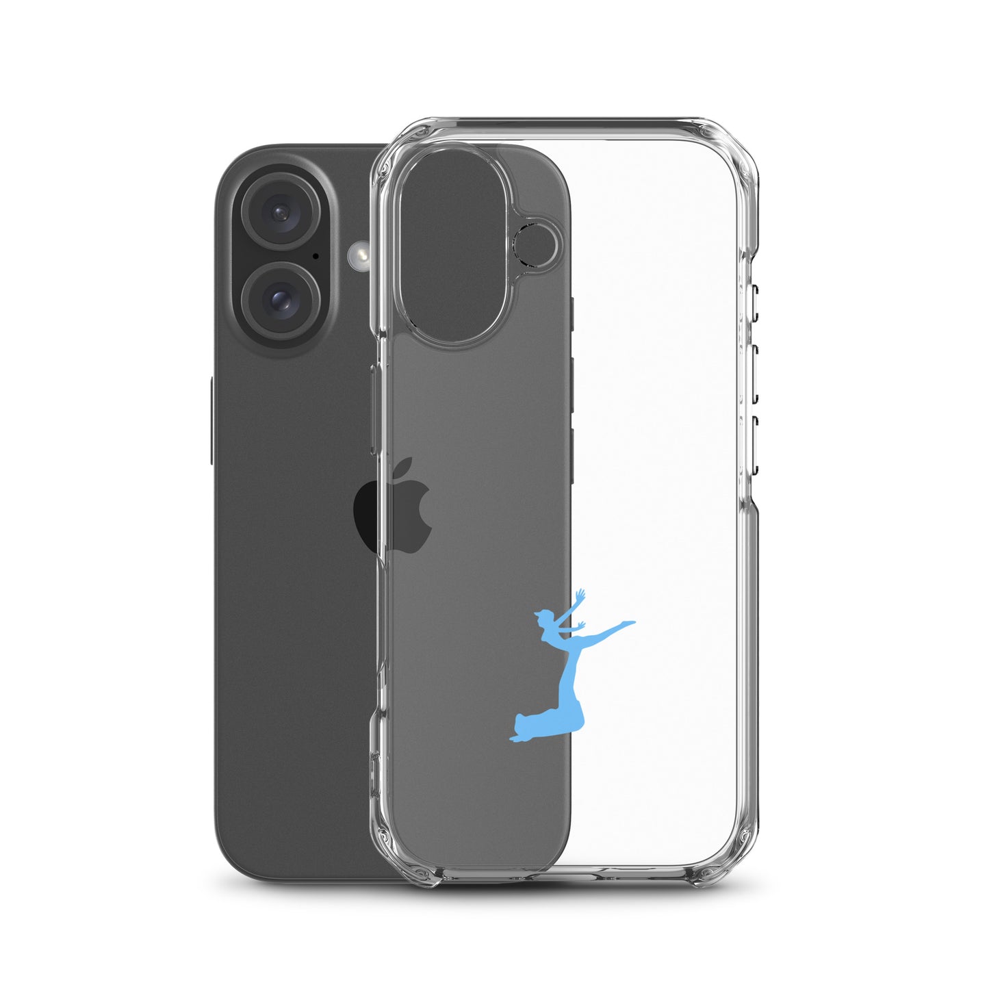 Phone case with a blue silhouette of a person on a white background
