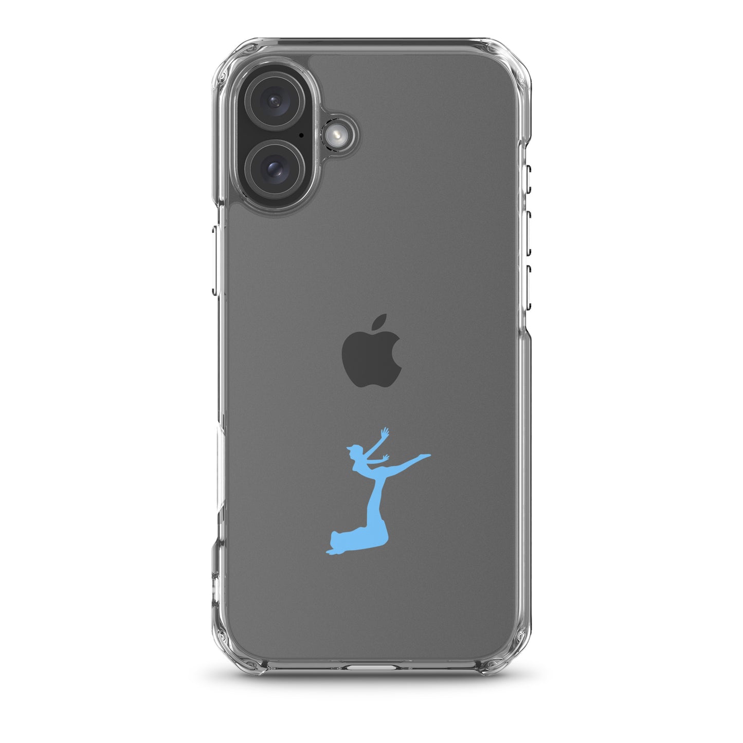 Phone case with Apple logo and blue silhouette on gray background