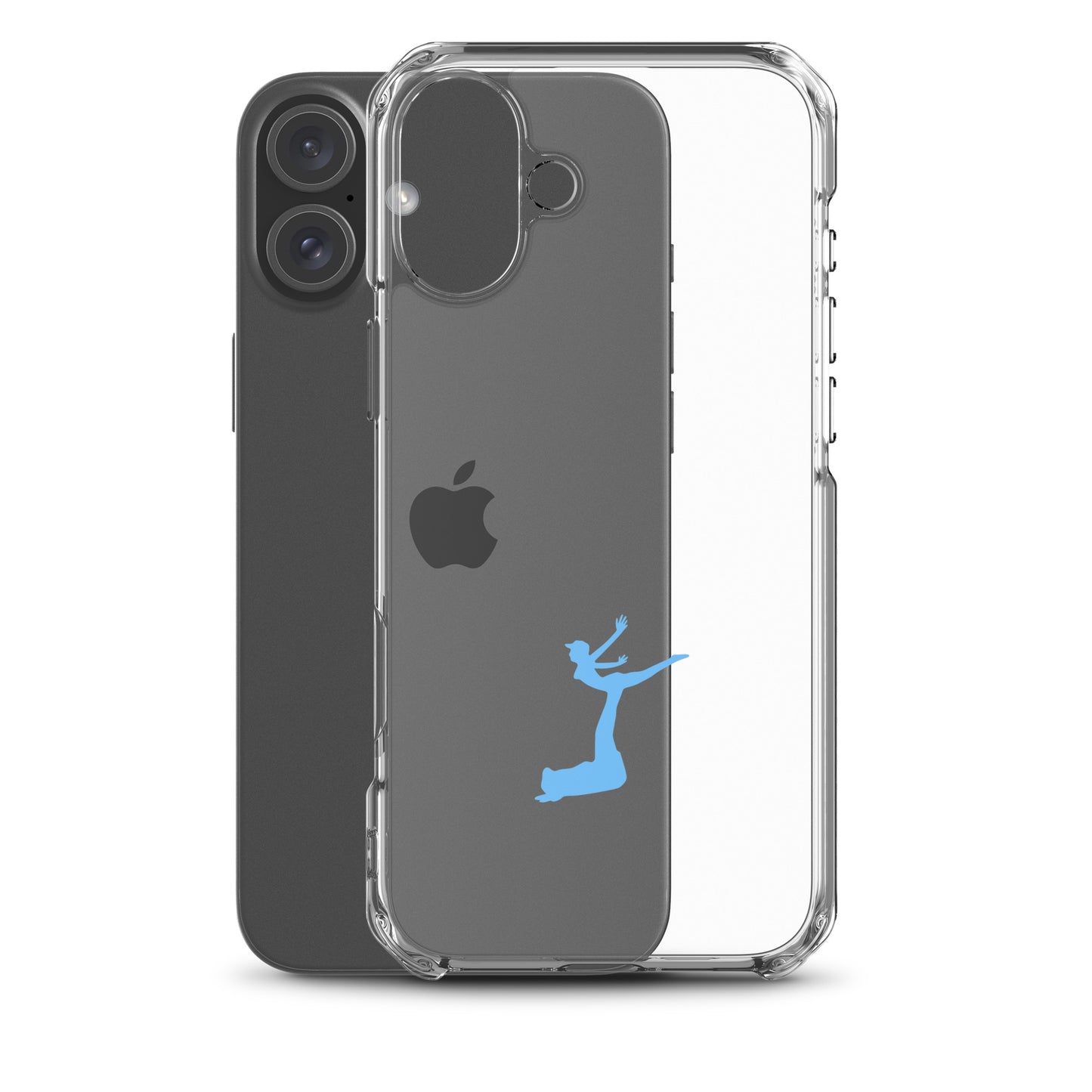 Clear phone case with blue silhouette design on an Apple device