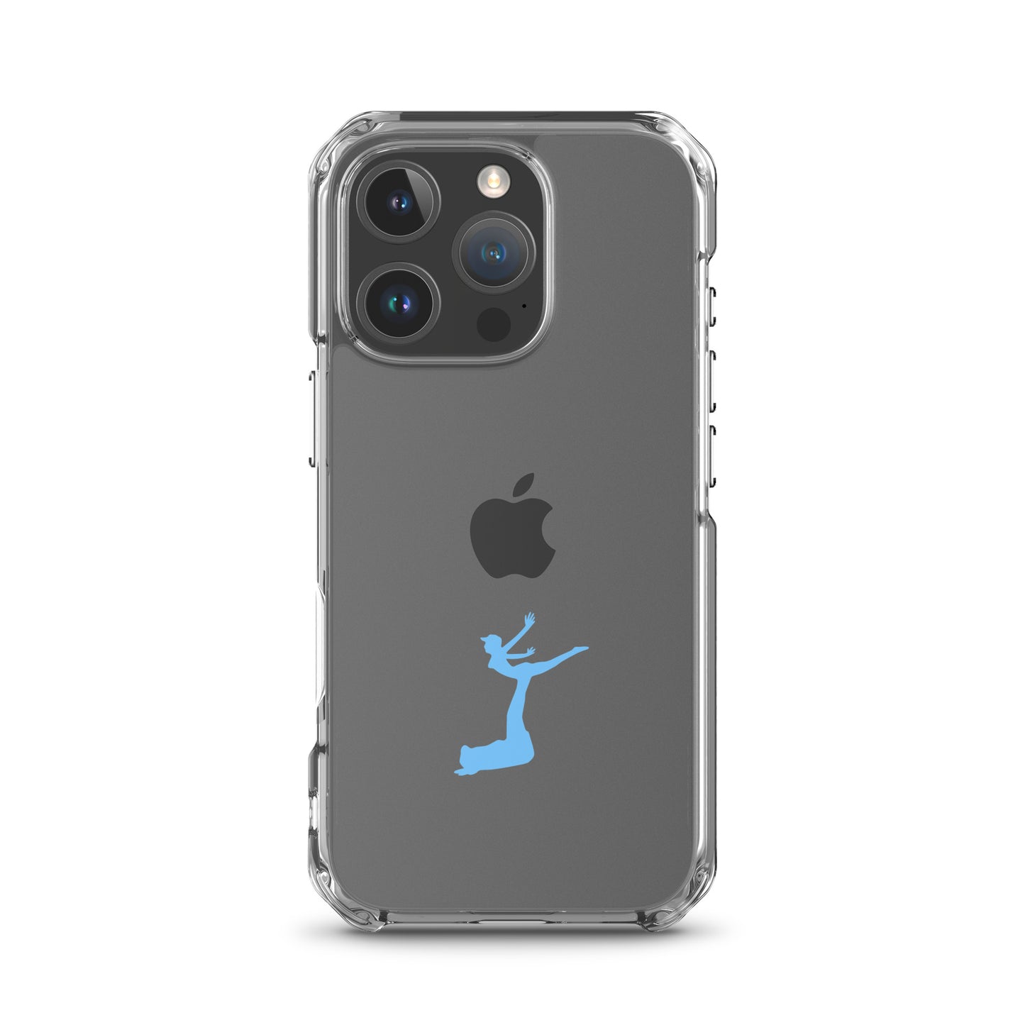 Phone case with Apple logo and blue silhouette on a white background