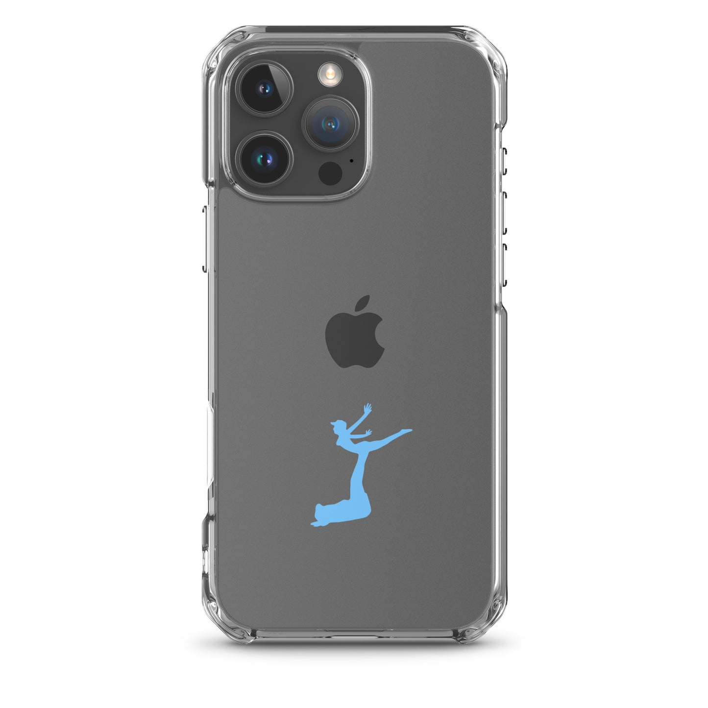 Phone case with Apple logo and blue silhouette on gray background