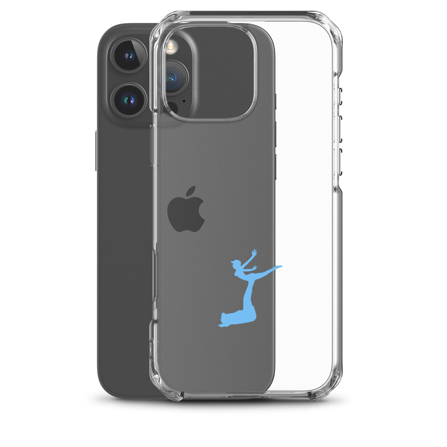 Clear phone case with blue silhouette design on an Apple device