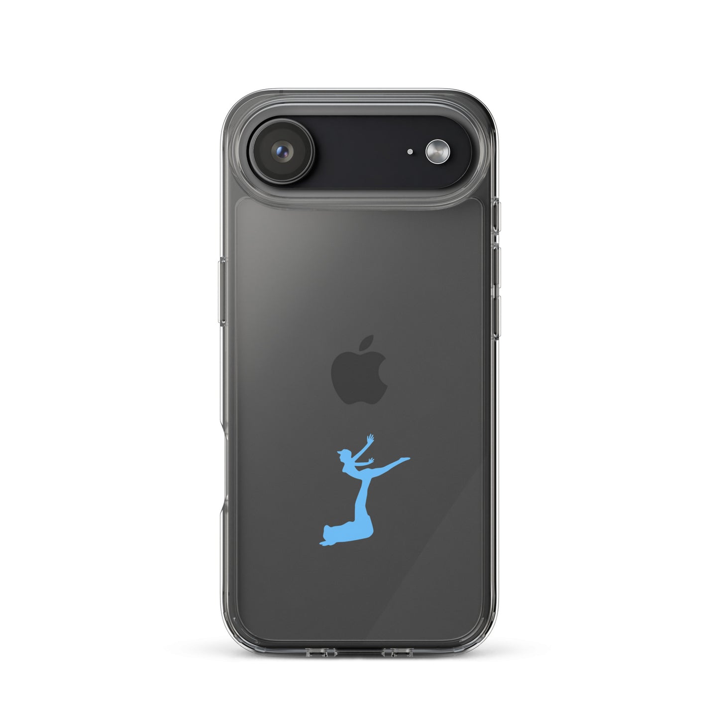 Phone case with Apple logo and blue silhouette on a white background