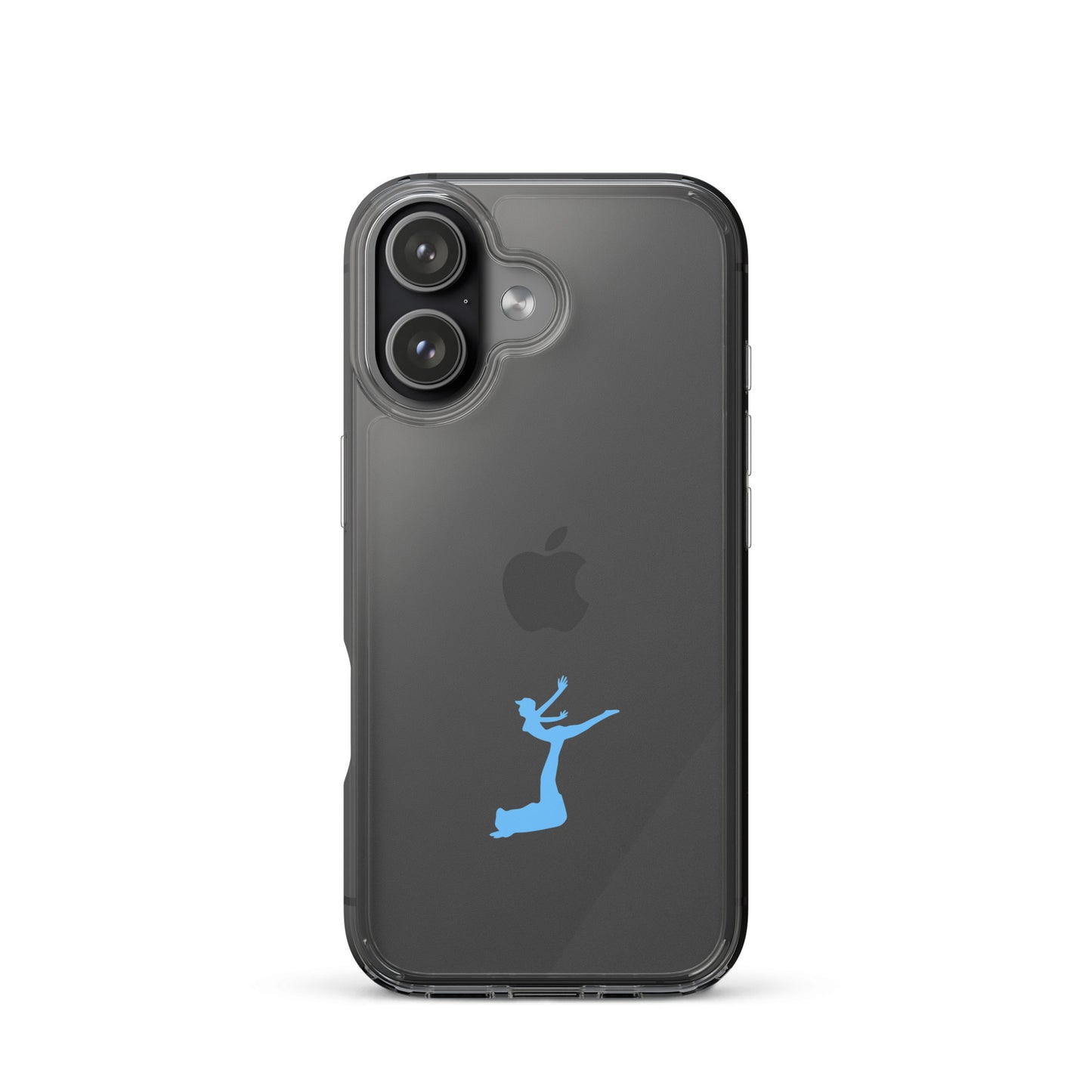 Phone case with Apple logo and blue silhouette on a white background