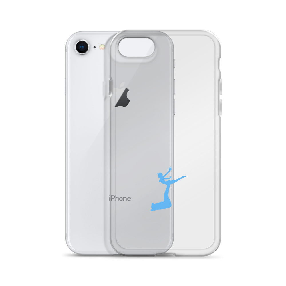 Phone case with a blue dancing figure design on a white background