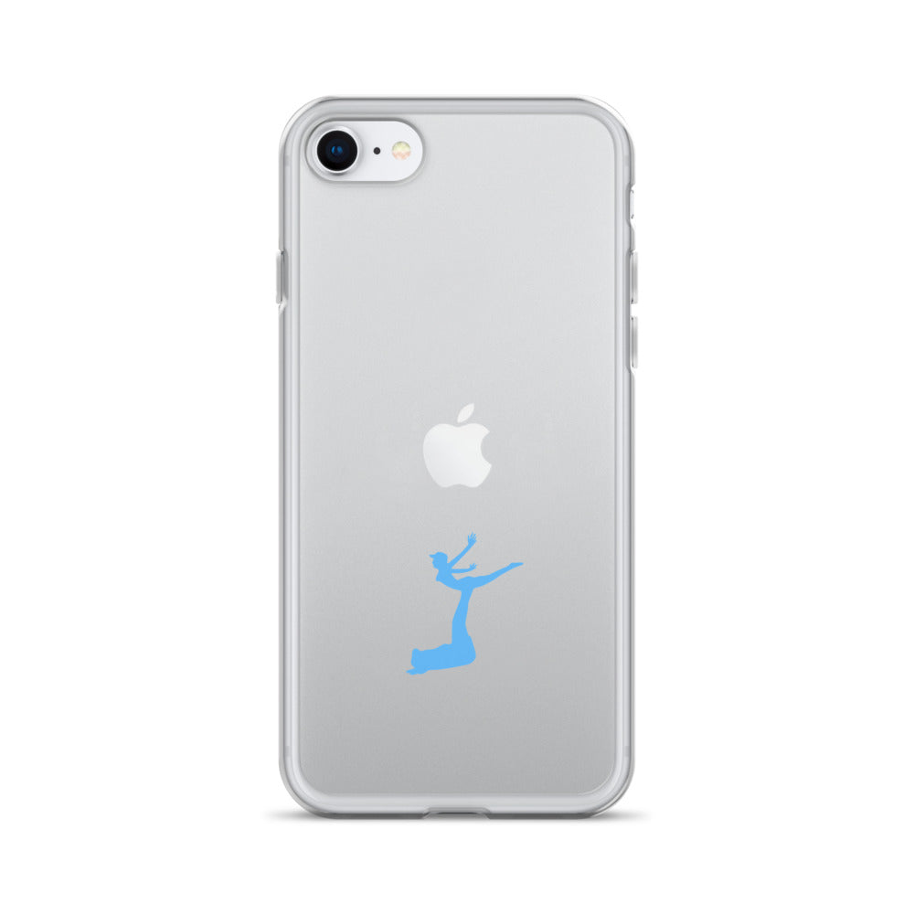 Clear phone case with a blue silhouette design on an Apple phone