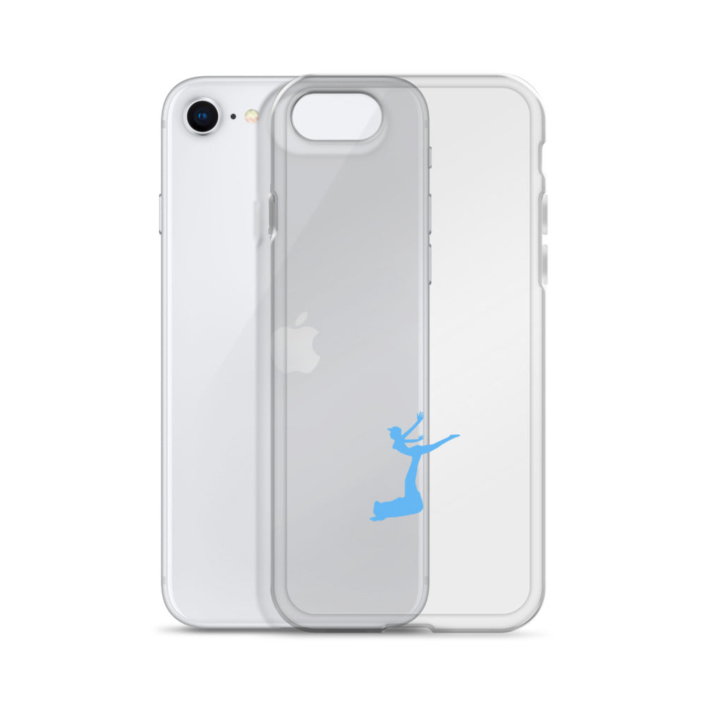 Clear phone case with a blue dancer icon on a white background