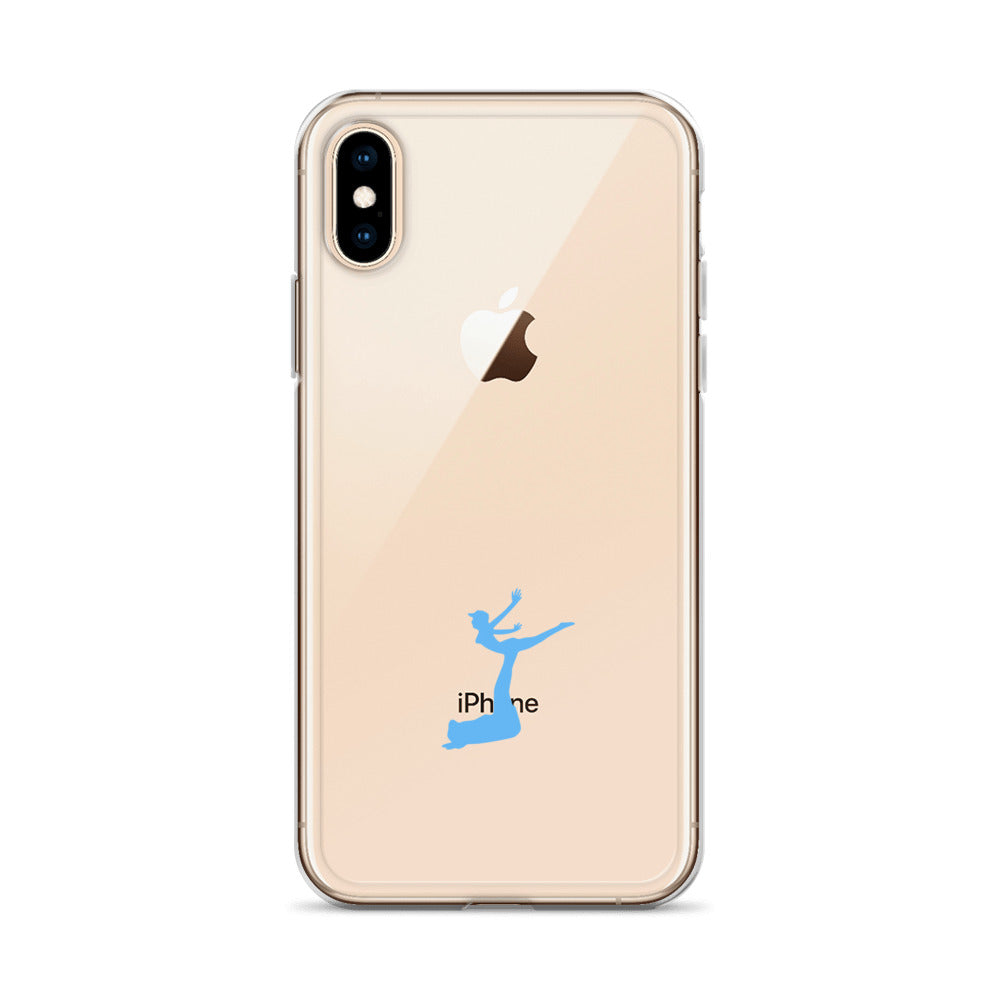 Phone case with a blue figure and 'iPhone' text on a beige background