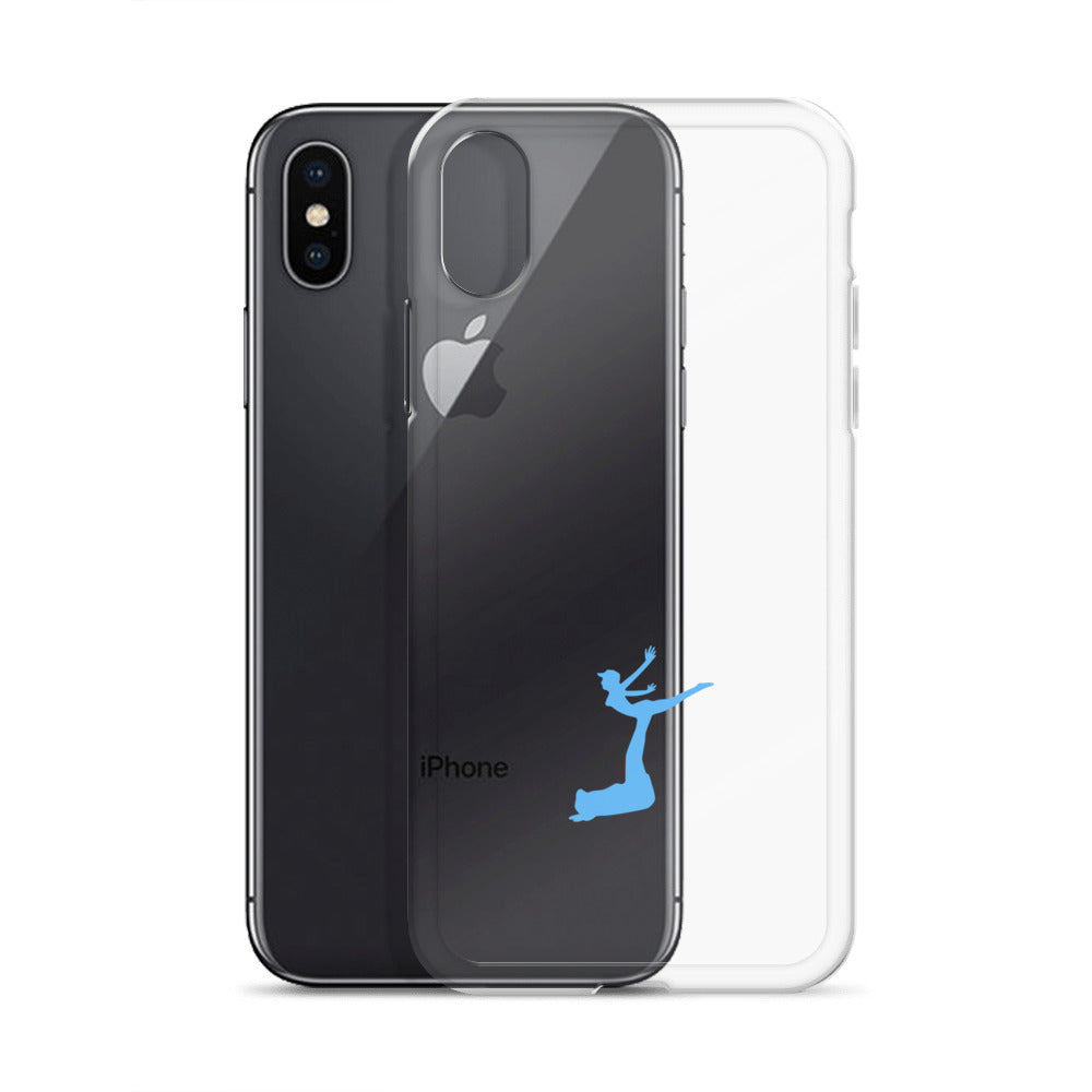 Phone case with Apple logo and blue silhouette on a white background