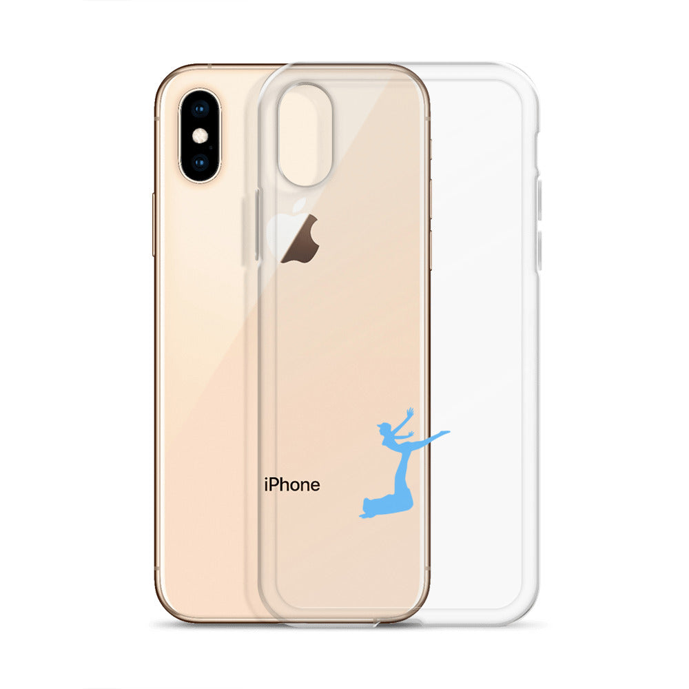 Gold iPhone with a clear case featuring a blue logo on a white background