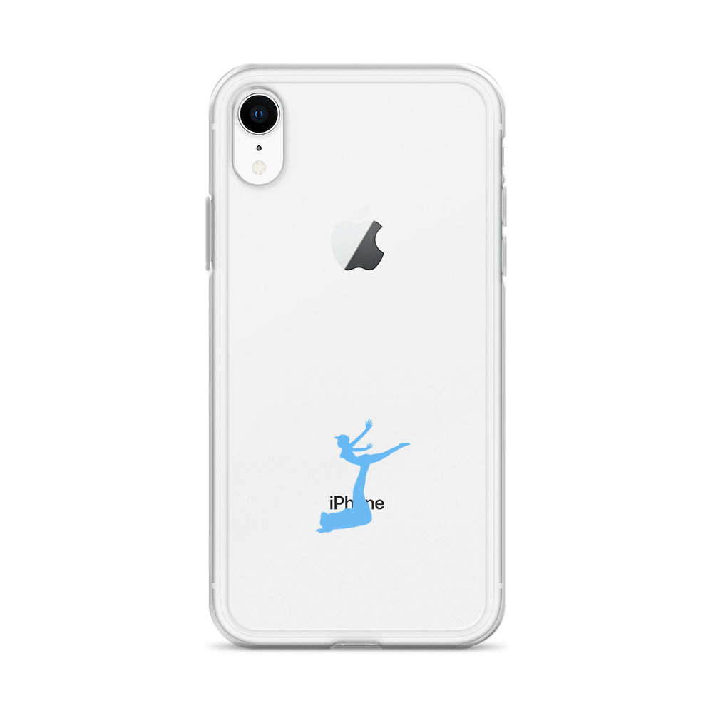 Clear phone case with a blue dancer design and 'iPhone' text on a white background
