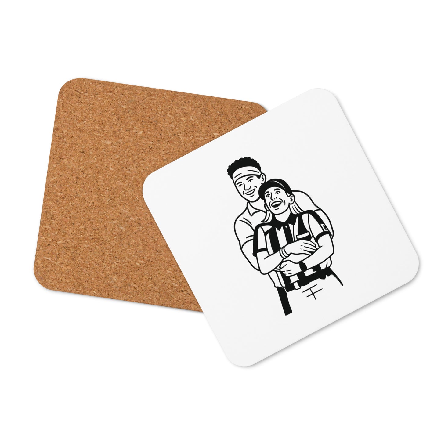 Coaster with a cork back and illustration of two people hugging on a white background