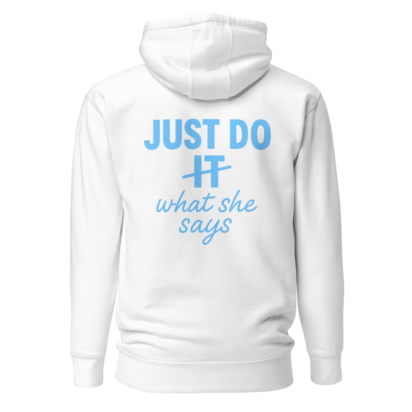 White hoodie with blue text on the back on a white background