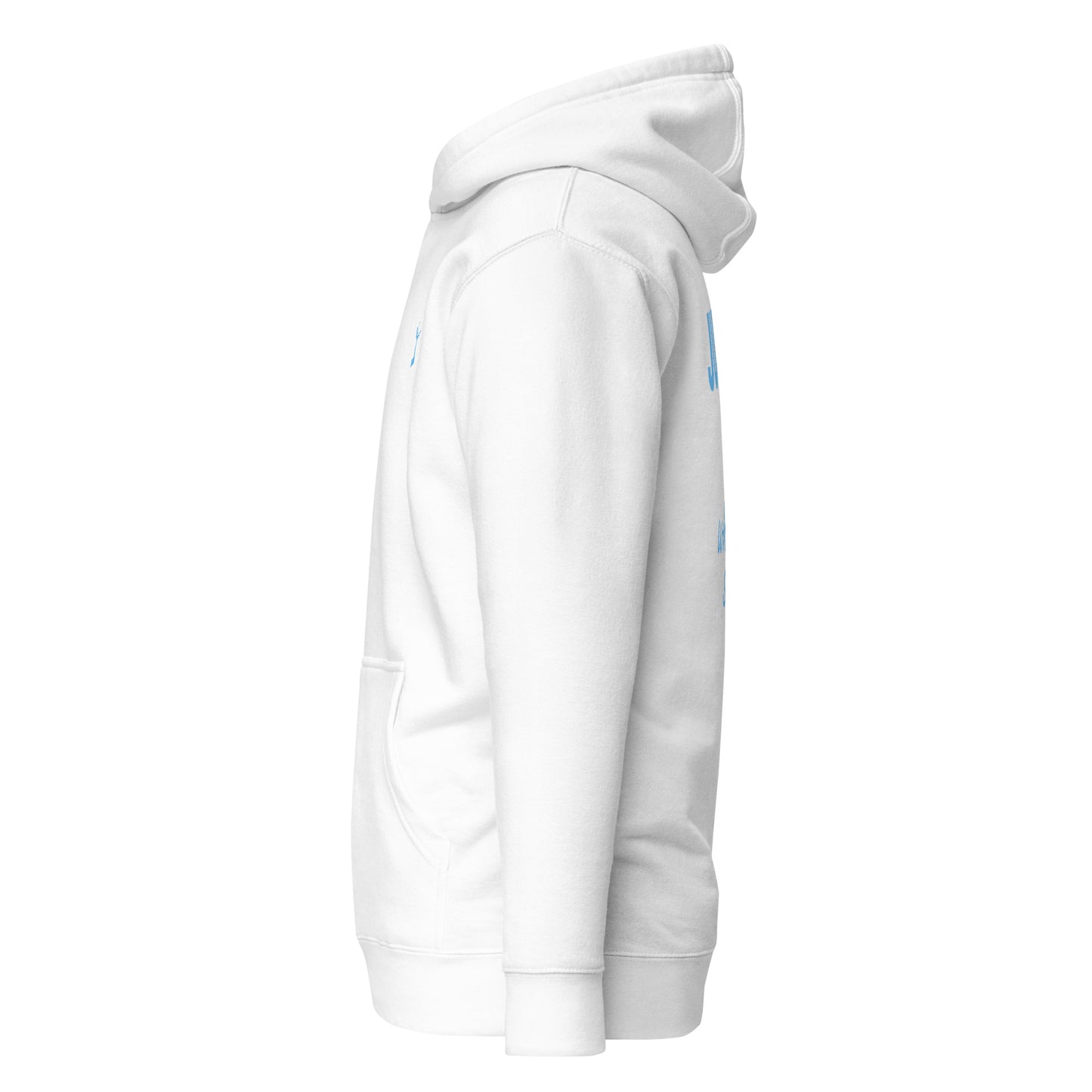 White hoodie with blue accents on a white background