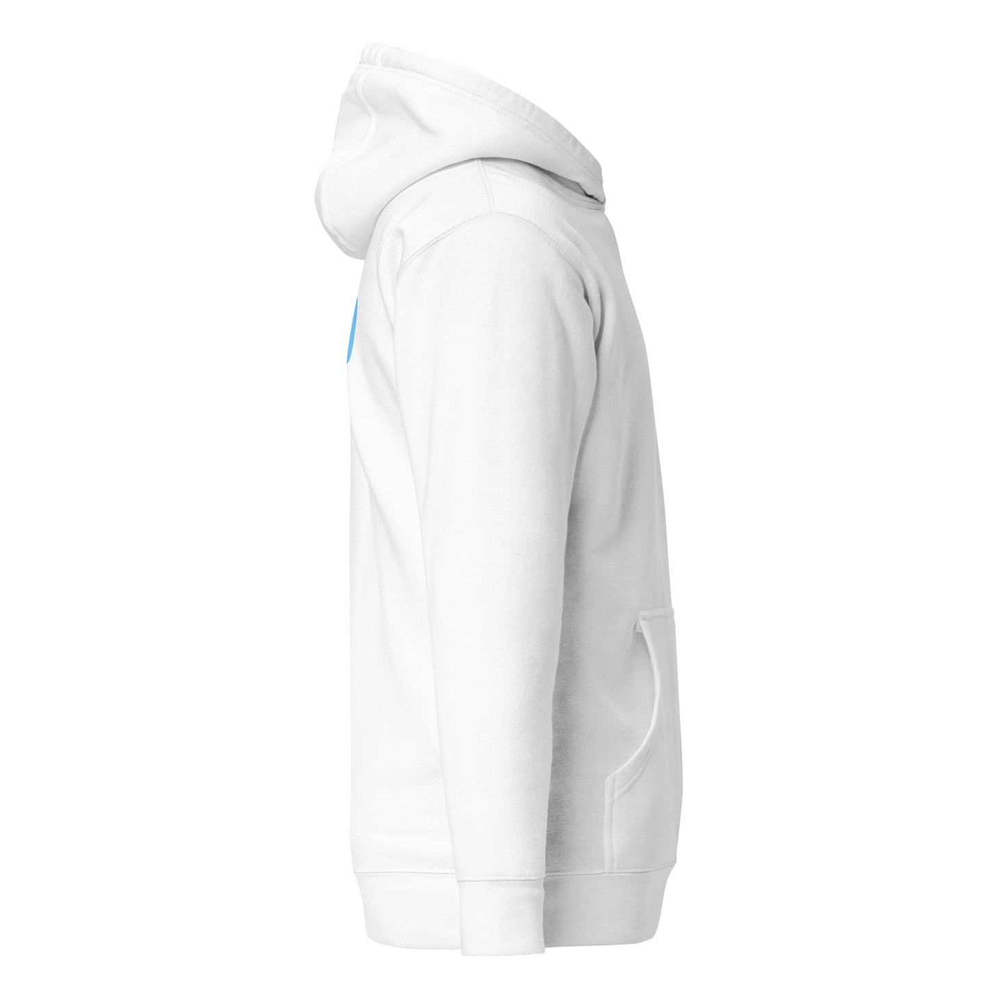 White hoodie with a small logo on the chest against a white background