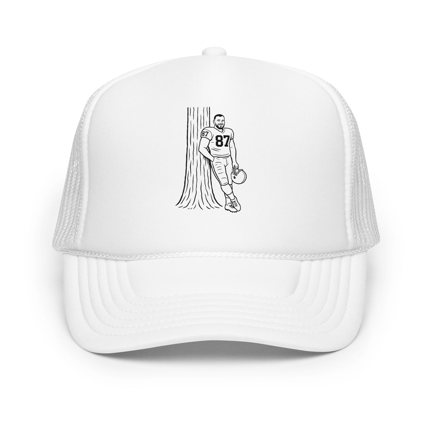 White cap with a black and white illustration of a football player and tree on a white background