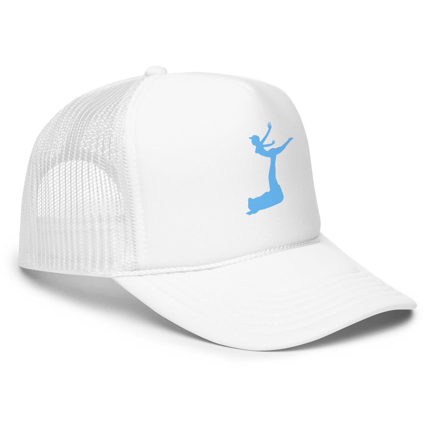 White cap with a blue silhouette design on a white background