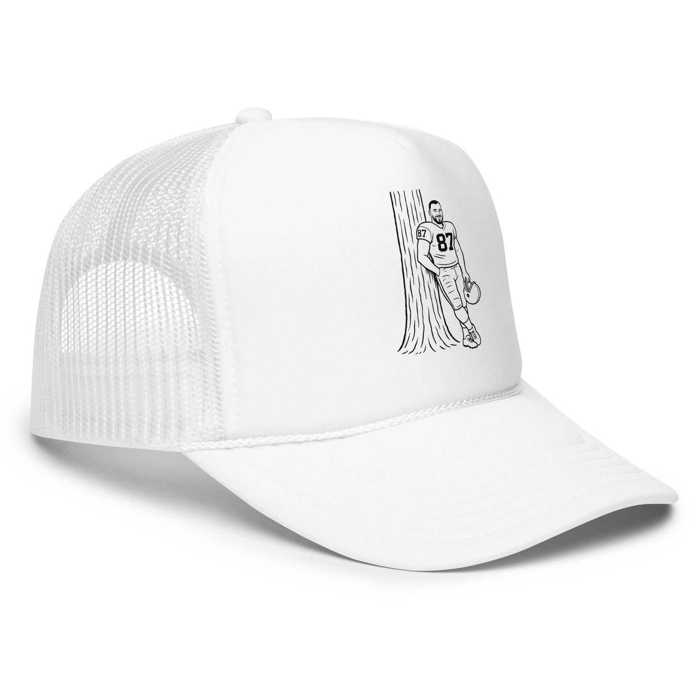 White cap with black graphic of a person climbing a tree on a white background