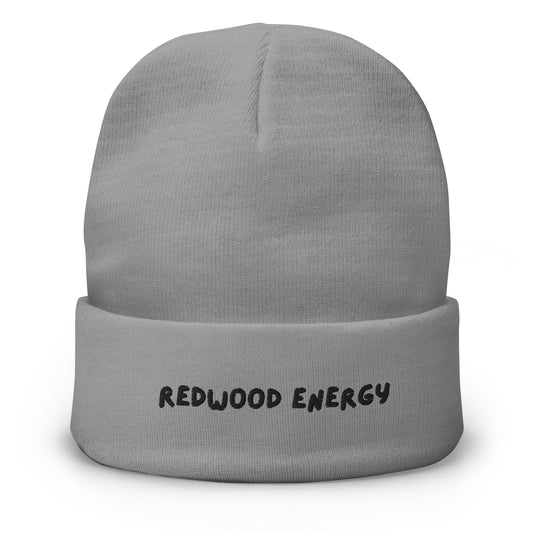 Gray beanie with 'Redwood Energy' embroidery on a white background