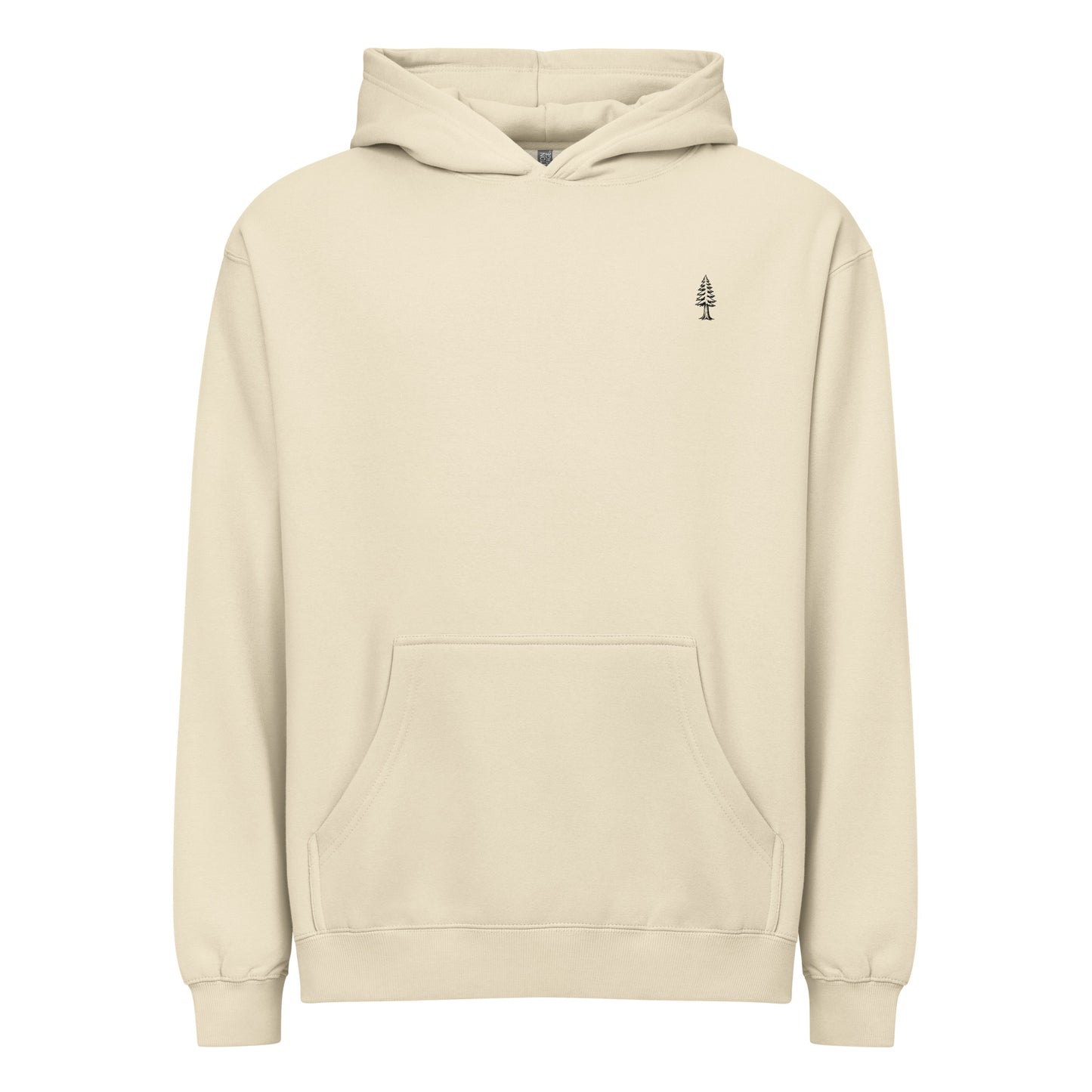 Beige hoodie with a small logo on the chest against a white background
